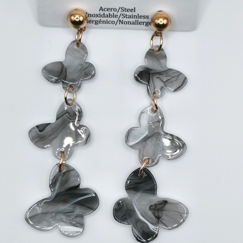 Pendientes Imitación Nácar Blanco y Negro de Mariposas de Acero Inoxidable (8cms)