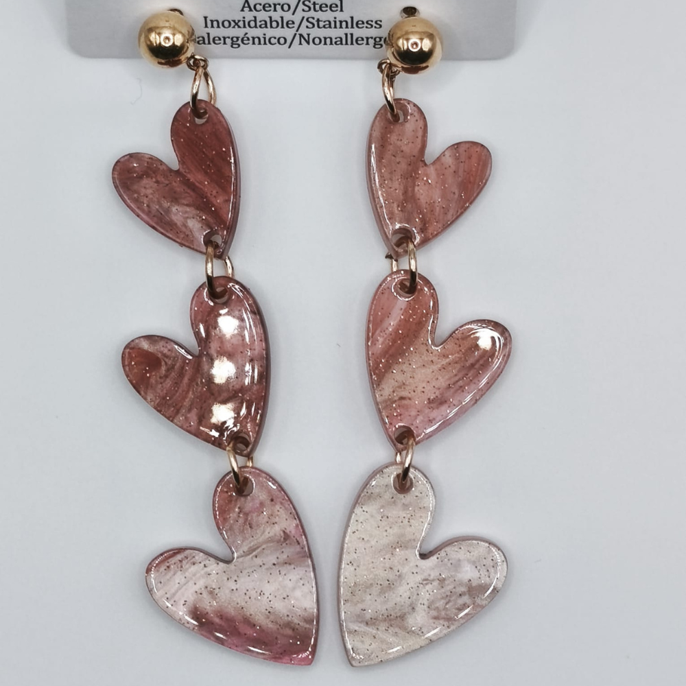 Pendientes Imitación Nácar Rosa Oscuro de Corazones de Acero Inoxidable (8cms)