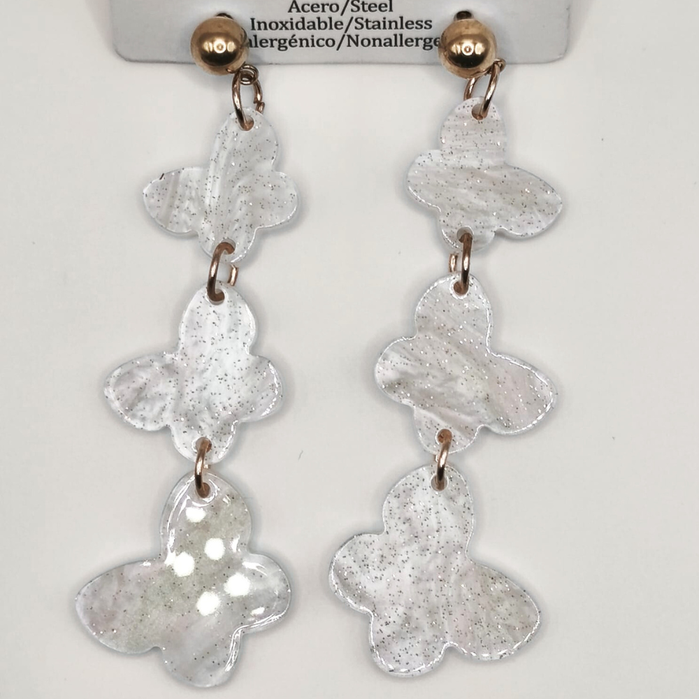 Pendientes Imitación Nácar Blanco de Mariposas de Acero Inoxidable (8cms)