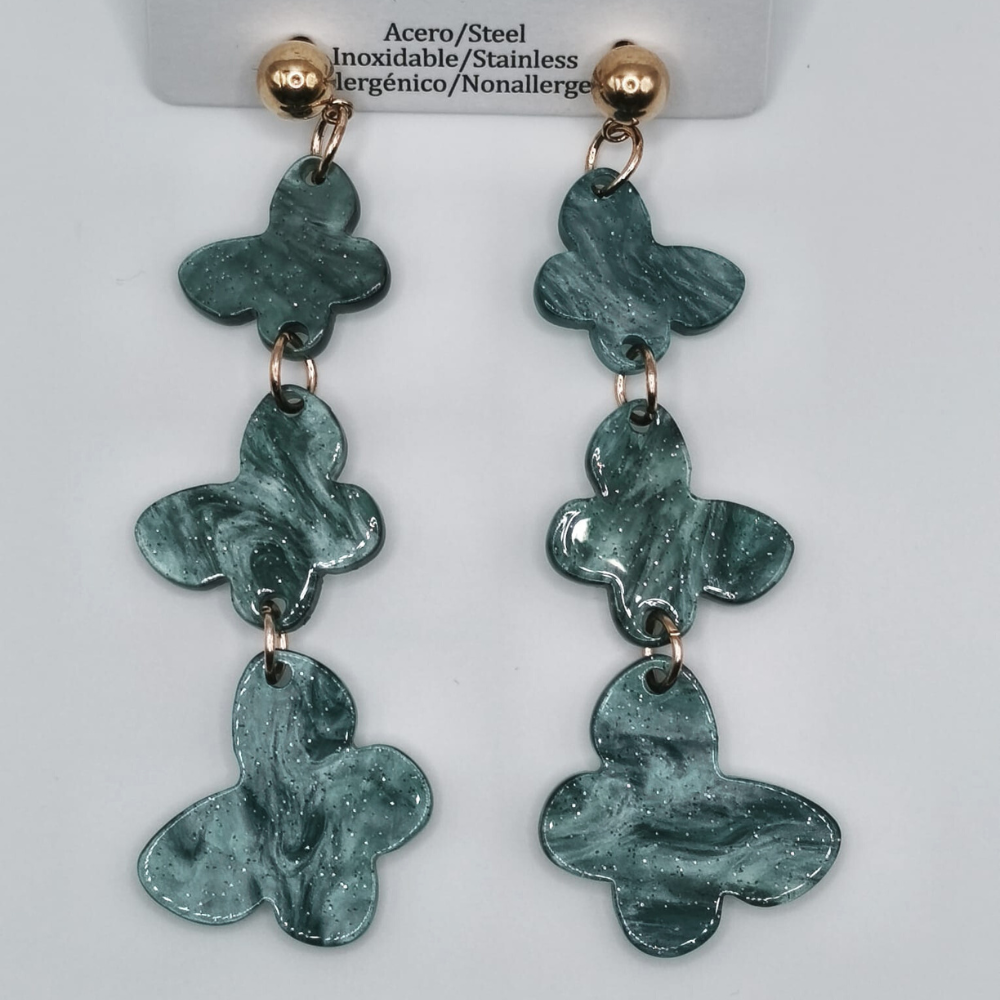 Pendientes Imitación Nácar Turquesa de Mariposas de Acero Inoxidable (8cms)