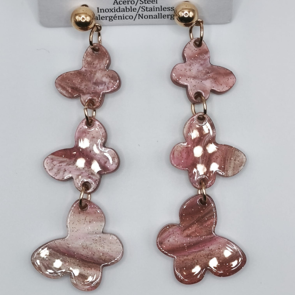 Pendientes Imitación Nácar Rosa Oscuro de Mariposas de Acero Inoxidable (8cms)