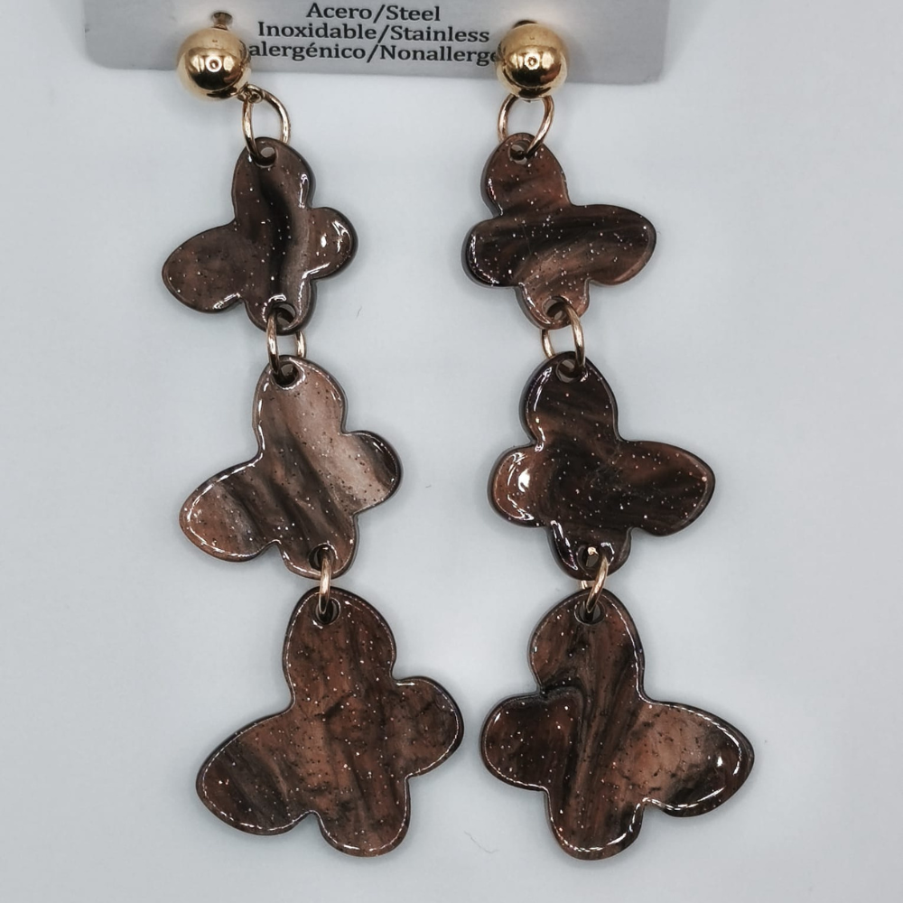 Pendientes Imitación Nácar Marrón de Mariposas de Acero Inoxidable (8cms)