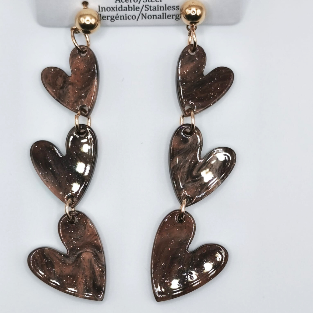 Pendientes Imitación Nácar Marrón de Corazones de Acero Inoxidable (8cms)