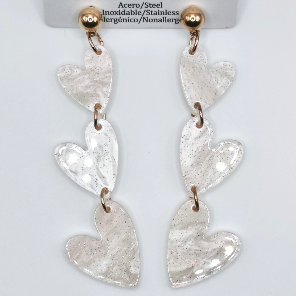 Pendientes Imitación Nácar Blanco de Corazones de Acero Inoxidable (8cms)