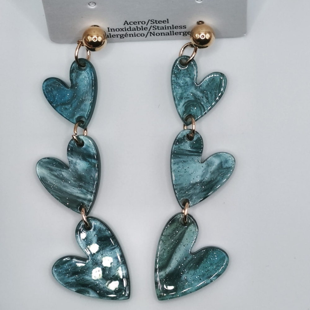 Pendientes Imitación Nácar Turquesa de Corazones de Acero Inoxidable (8cms)